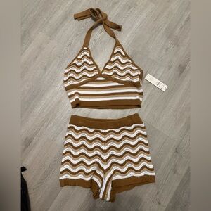 Crochet Halter Crop Top & Shorts Set - Caramel + White Wave